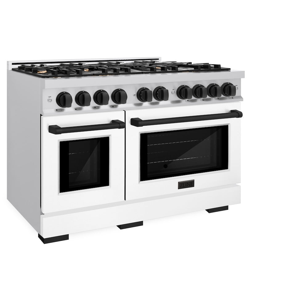 ZLINE Autograph Edition 48 in. 6.7 cu. ft. Select Double Oven Gas Range with 8 Burner Cooktop in Stainless Steel with White Matte Doors and Matte Black Accents (HGRZ-WM-48-MB)