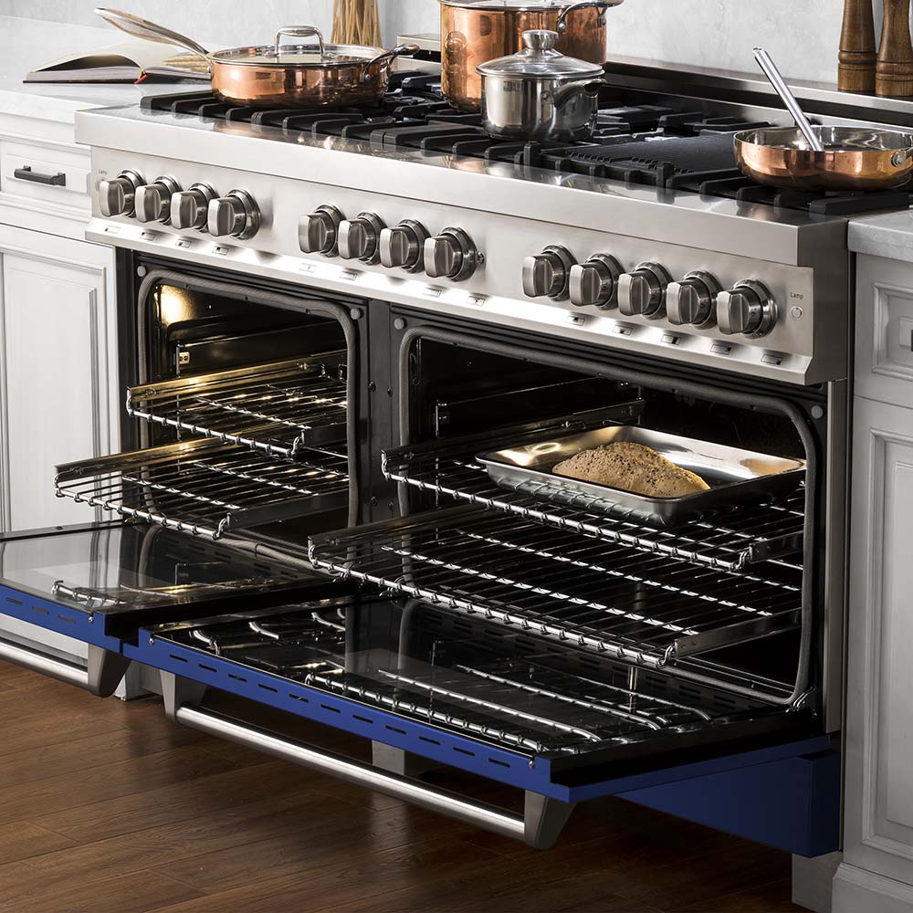 ZLINE 60 in. 7.4 cu. ft. Legacy Dual Fuel Range with 9 Burner Gas Cooktop and 2 Electric Convection Ovens in Stainless Steel and Blue Matte Doors (RA-BM-60)