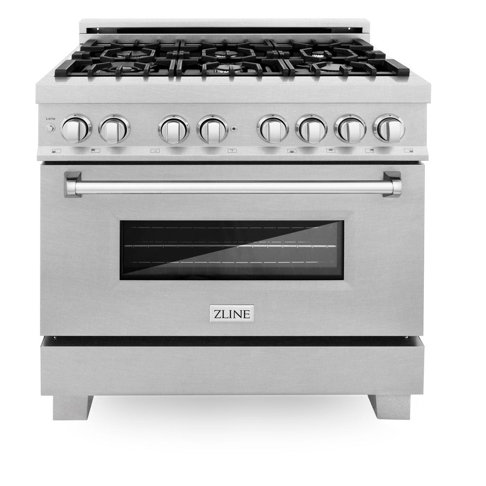 ZLINE 36 in. Kitchen Package with Satin Stainless Steel Dual Fuel Range and Convertible Vent Range Hood (2KP-RASSNRH36)