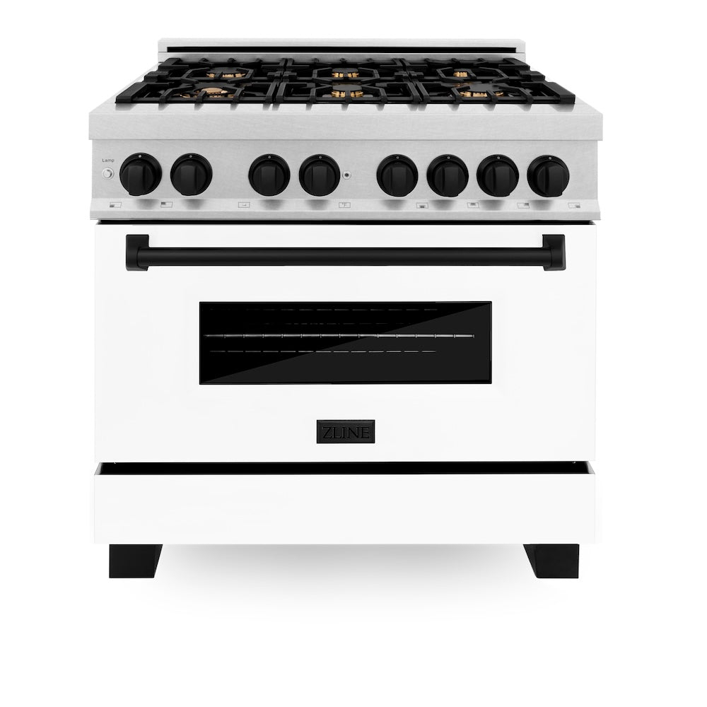 ZLINE Autograph Edition 36 in. 4.6 cu. ft. Legacy Dual Fuel Range with 6 Burner Gas Cooktop and Electric Convection Oven in Satin Stainless Steel with White Matte Door and Matte Black Accents (RASZ-WM-36-MB)