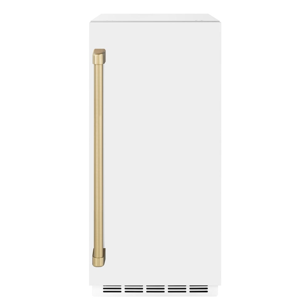 ZLINE Autograph Edition 15 in. Touchstone Clear Cube Ice Maker with Drain Pump and White Matte Door with Champagne Bronze Handle (ICCDZ-WM-15-CB)