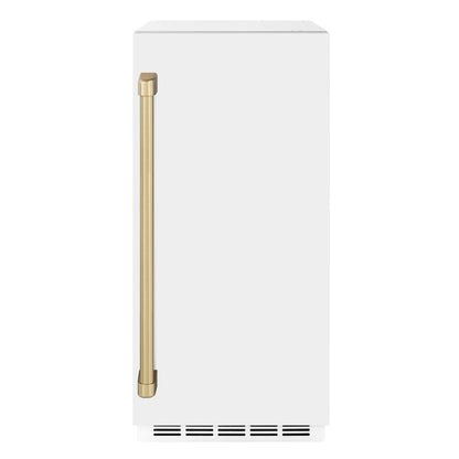 ZLINE Autograph Edition 15 in. Touchstone Clear Cube Ice Maker with Drain Pump and White Matte Door with Champagne Bronze Handle (ICCDZ-WM-15-CB)