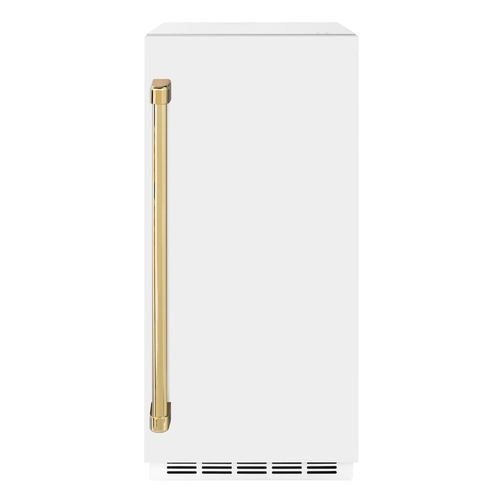ZLINE Autograph Edition 15 in. Touchstone Clear Cube Ice Maker with Drain Pump and White Matte Door with Polished Gold Handle (ICCDZ-WM-15-G)