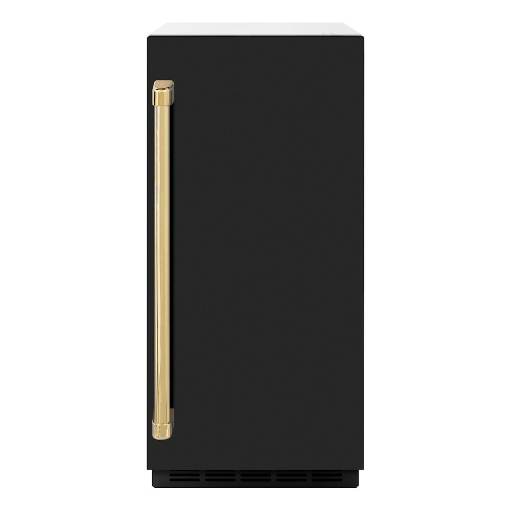 ZLINE Autograph Edition 15 in. Touchstone Gourmet Ice Maker with Drain Pump and Black Matte Door with Polished Gold Handle (IGMDZ-BLM-15-G)