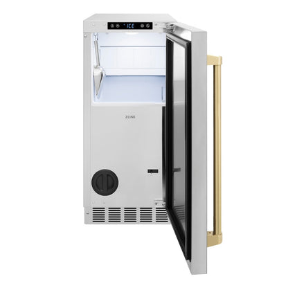 ZLINE Autograph Edition 15 in. Touchstone Gourmet Ice Maker with Drain Pump and Solid Stainless Steel Door with Champagne Bronze Handle (IGMDZ-ST-15-CB)