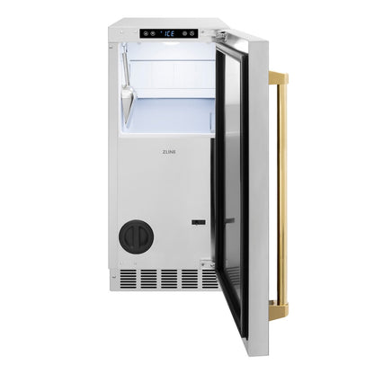 ZLINE Autograph Edition 15 in. Touchstone Gourmet Ice Maker with Drain Pump and Solid Stainless Steel Door with Polished Gold Handle (IGMDZ-ST-15-G)