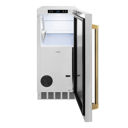 ZLINE Autograph Edition 15 in. Touchstone Gourmet Ice Maker with Drain Pump and Solid Stainless Steel Door with Polished Gold Helix Handle (IGMDZ-ST-15-KG)