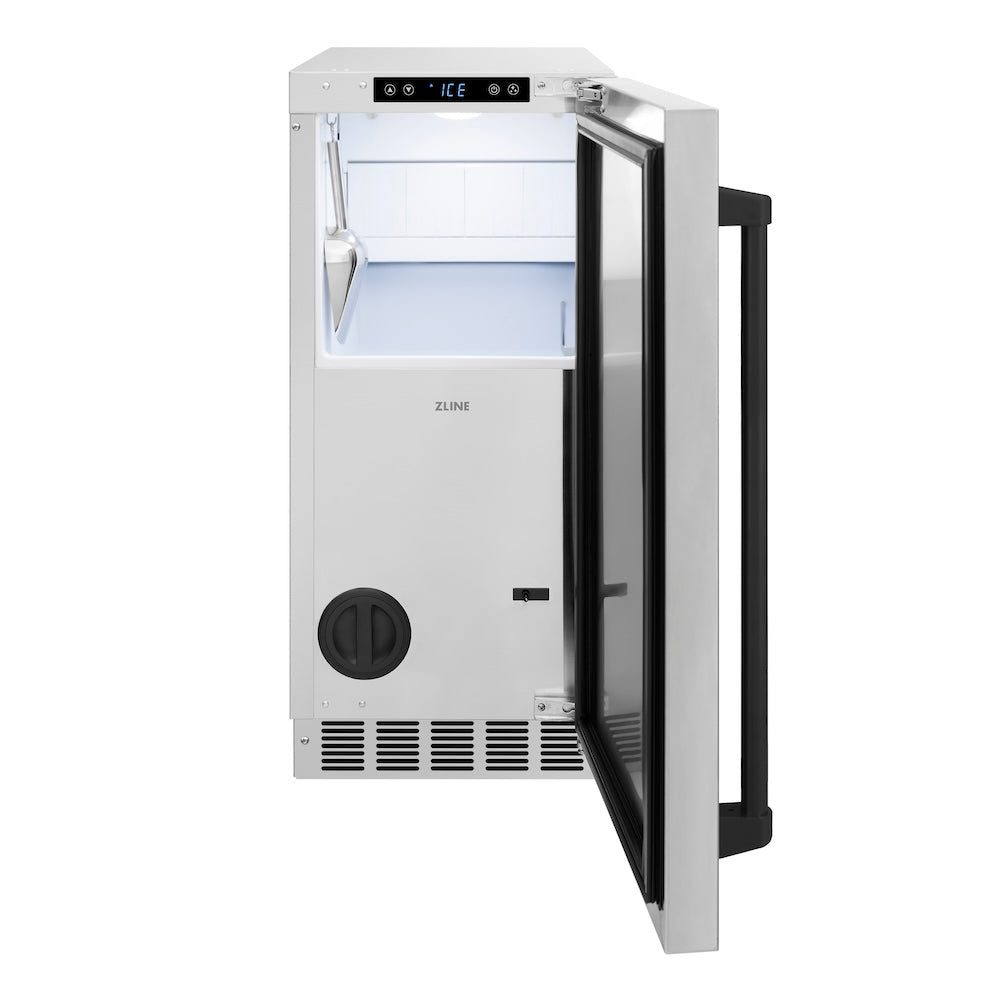 ZLINE Autograph Edition 15 in. Touchstone Gourmet Ice Maker with Drain Pump and Solid Stainless Steel Door with Matte Black Handle (IGMDZ-ST-15-MB)