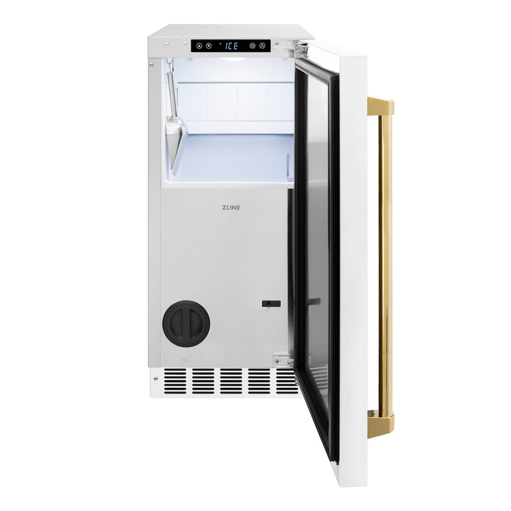 ZLINE Autograph Edition 15 in. Touchstone Gourmet Ice Maker with Drain Pump and White Matte Door with Polished Gold Handle (IGMDZ-WM-15-G)