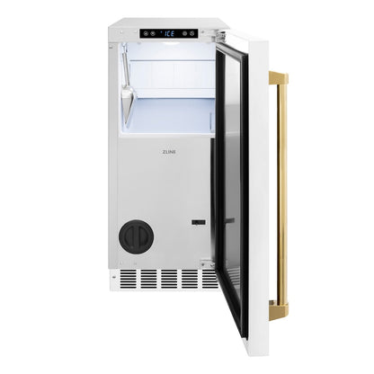 ZLINE Autograph Edition 15 in. Touchstone Gourmet Ice Maker with Drain Pump and White Matte Door with Polished Gold Handle (IGMDZ-WM-15-G)