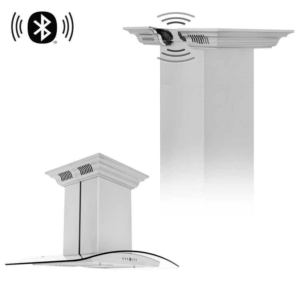 ZLINE 36 in. CrownSound™ Ducted Vent Island Mount Range Hood in Stainless Steel and Glass with Built-in Bluetooth Speakers (GL5iCRN-BT-36)