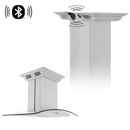ZLINE 36 in. CrownSound™ Ducted Vent Island Mount Range Hood in Stainless Steel and Glass with Built-in Bluetooth Speakers (GL5iCRN-BT-36)