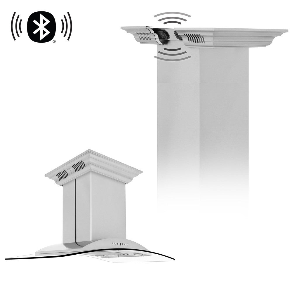 ZLINE 36 in. CrownSound™ Ducted Vent Island Mount Range Hood in Stainless Steel and Glass with Built-in Bluetooth Speakers (GL9iCRN-BT-36)