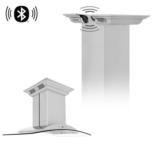 ZLINE 36 in. CrownSound™ Ducted Vent Island Mount Range Hood in Stainless Steel and Glass with Built-in Bluetooth Speakers (GL9iCRN-BT-36)