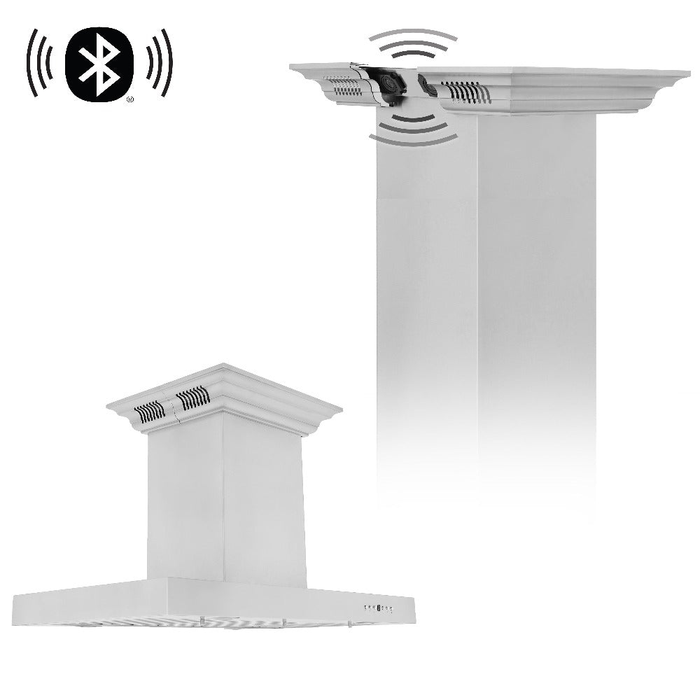 ZLINE 48 in. CrownSound™ Ducted Vent Island Mount Range Hood in Stainless Steel with Built-in Bluetooth Speakers (KE2iCRN-BT-48)