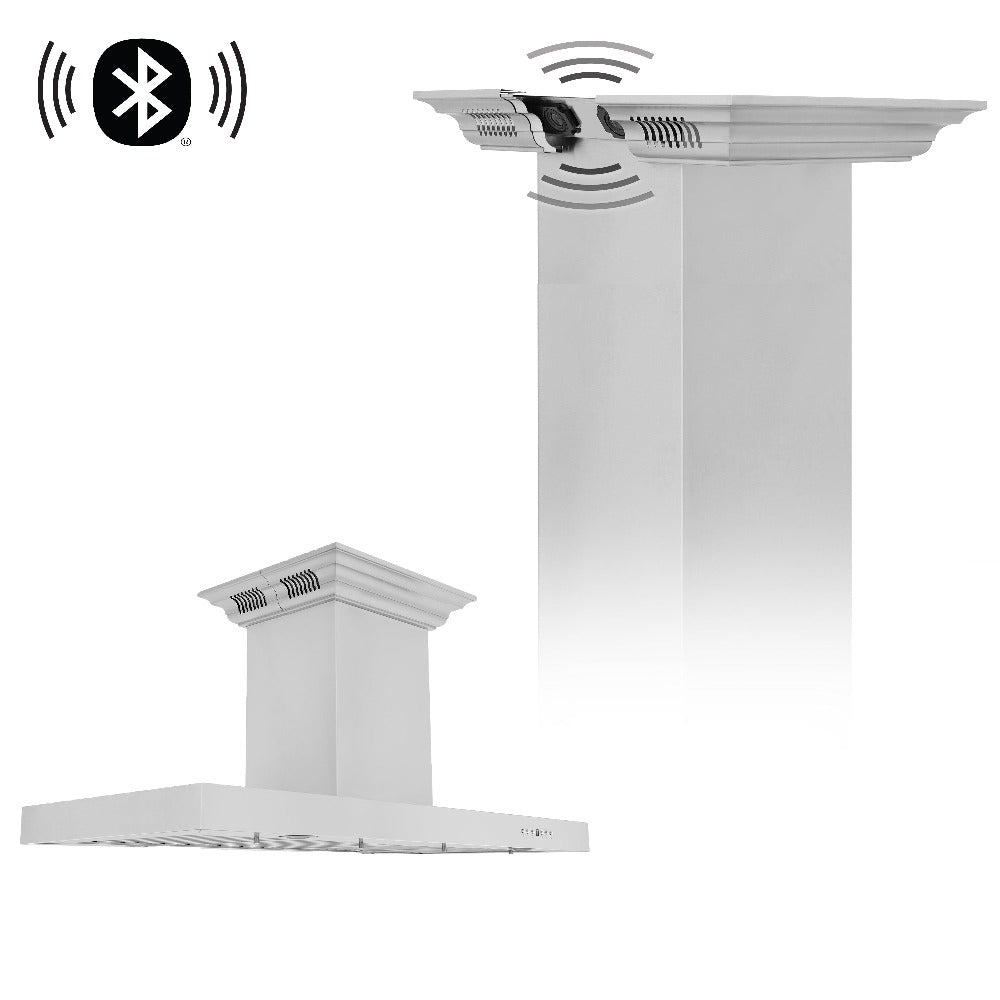 ZLINE 42 in. CrownSound™ Ducted Vent Island Mount Range Hood in Stainless Steel with Built-in Bluetooth Speakers (KE2iCRN-BT-42)