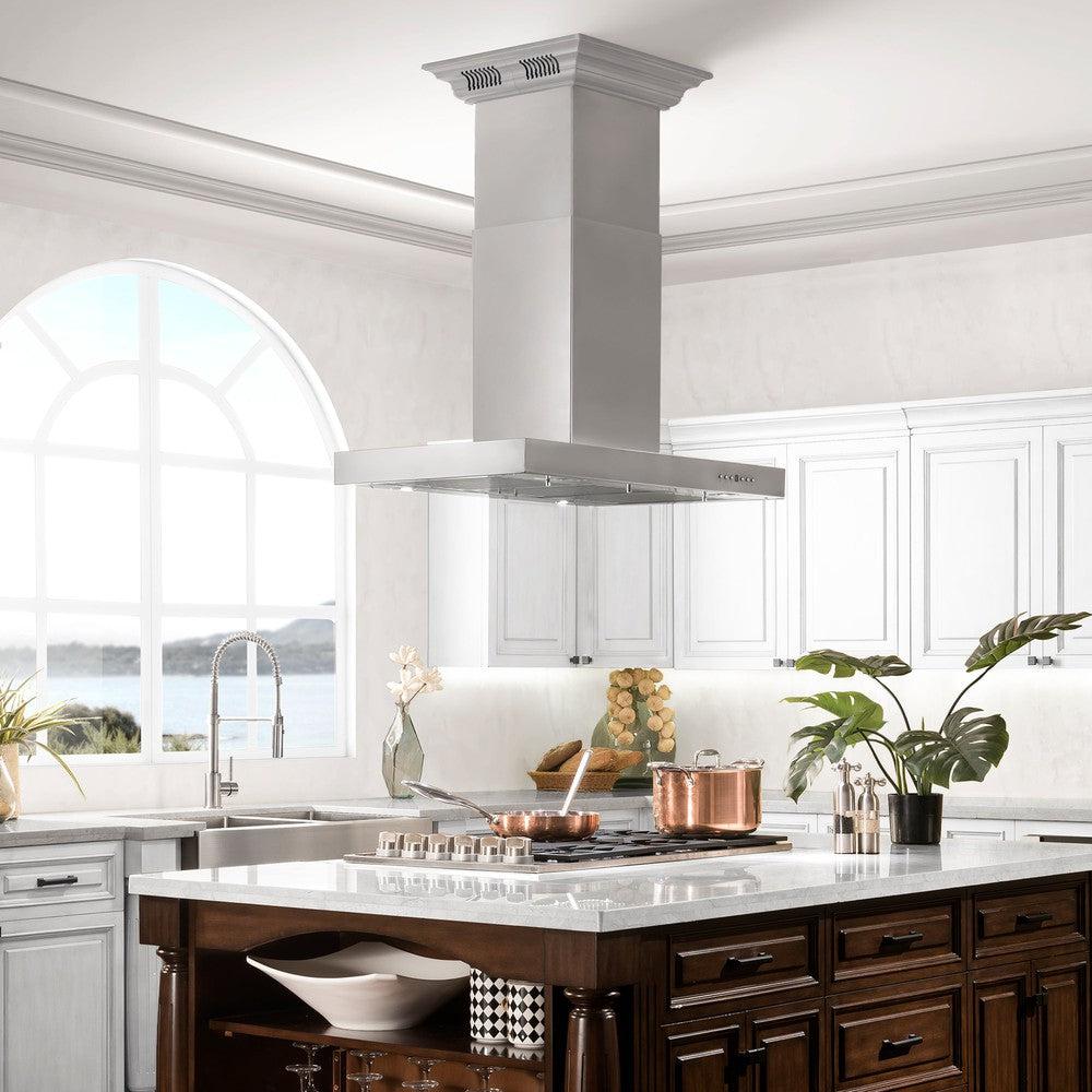 ZLINE 42 in. CrownSound™ Ducted Vent Island Mount Range Hood in Stainless Steel with Built-in Bluetooth Speakers (KE2iCRN-BT-42)