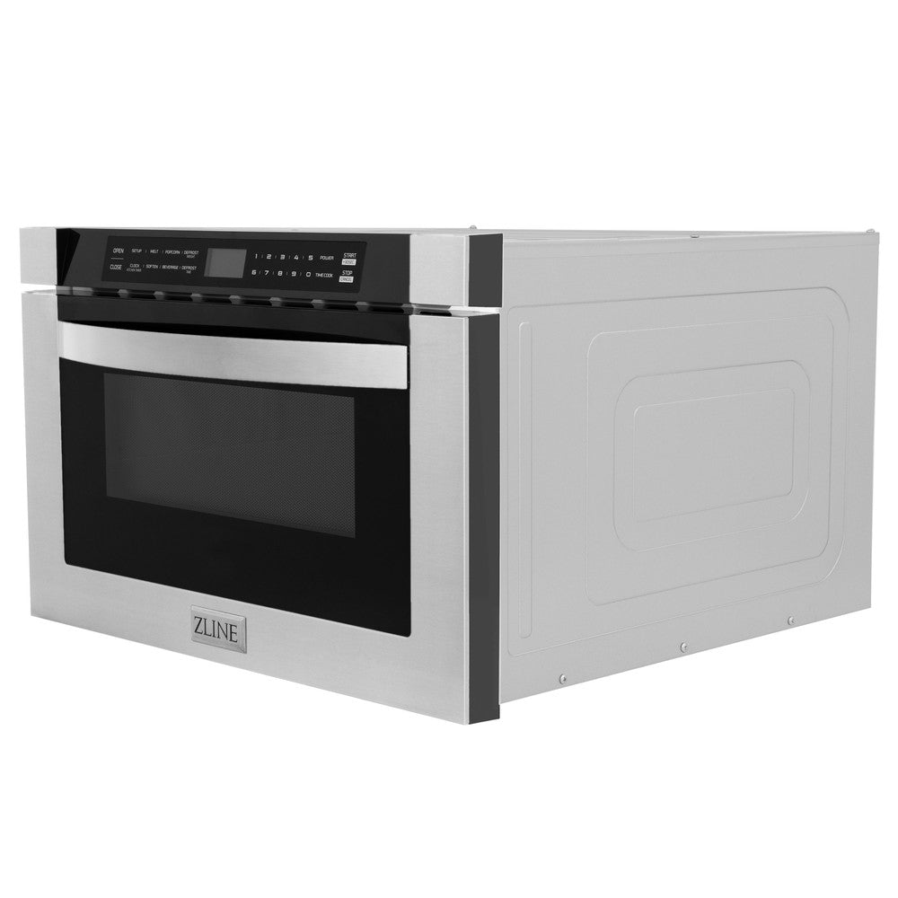 ZLINE Kitchen Package with Refrigerator, 36 in. Stainless Steel Gas Range, 36 in. Range Hood, Microwave Drawer, 24 in. Tall Tub Dishwasher and Beverage Fridge (6KPR-SGRRH36-MWDWV-RBV)