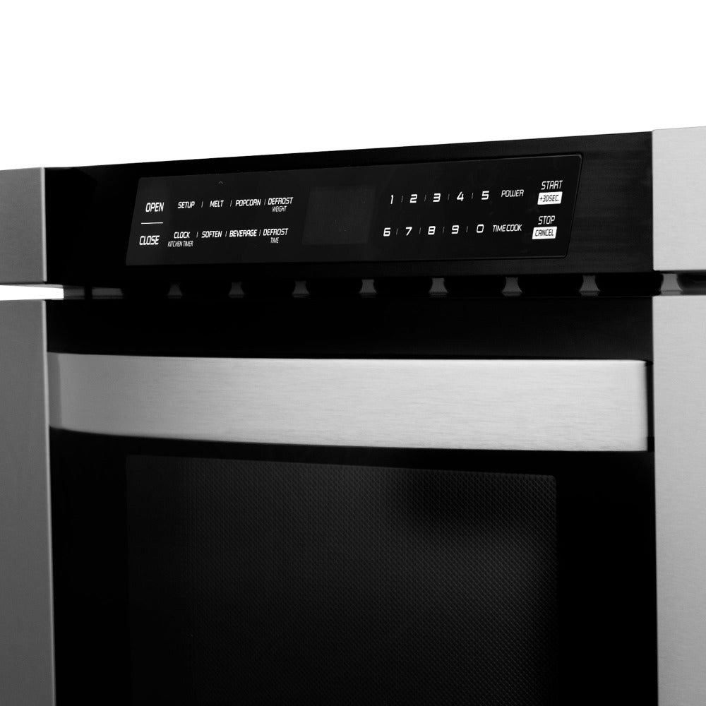 ZLINE Kitchen Package with Refrigerator, 36 in. Stainless Steel Dual Fuel Range, 36 in. Convertible Vent Range Hood, 24 in. Microwave Drawer, and 24 in. Tall Tub Dishwasher (5KPR-RARH36-MWDWV)