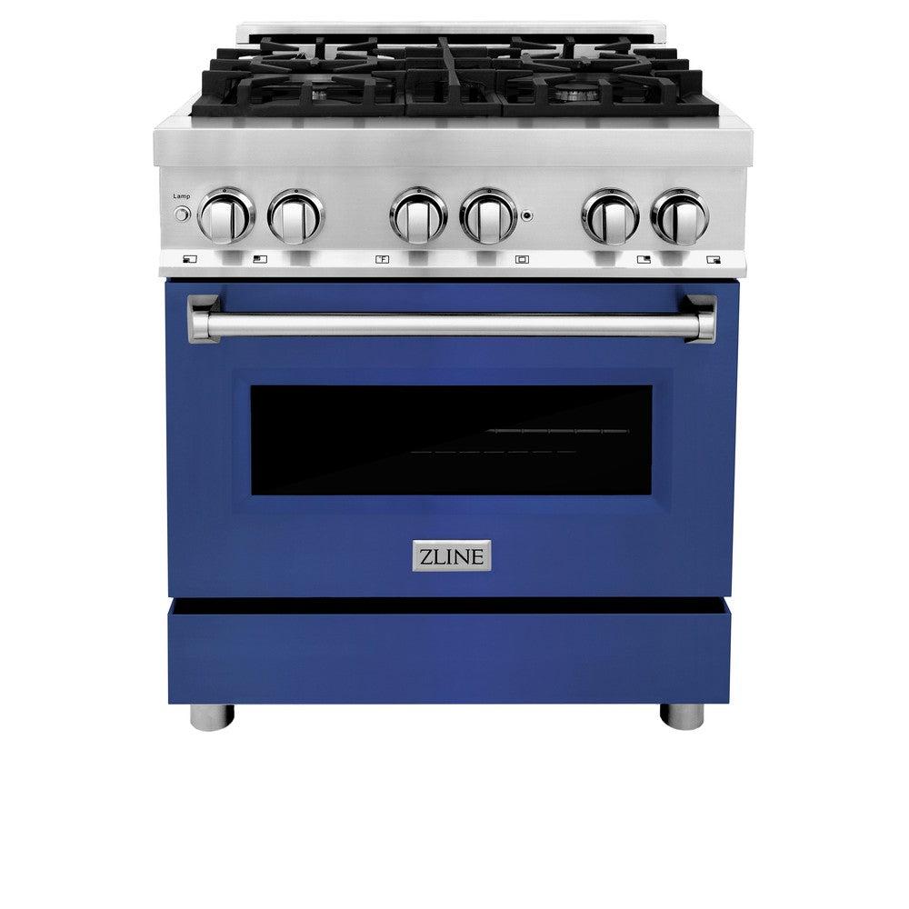 ZLINE 30 in. 4.0 cu. ft. Legacy Dual Fuel Range with 4 Burner Gas Cooktop and Electric Convection Oven in Stainless Steel and Blue Matte Door (RA-BM-30)