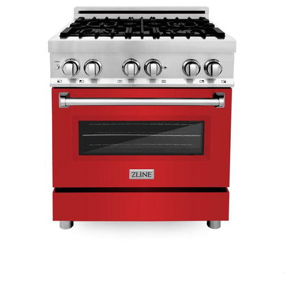 ZLINE 30 in. Kitchen Package with Stainless Steel Dual Fuel Range with Red Matte Door and Convertible Vent Range Hood (2KP-RARMRH30)