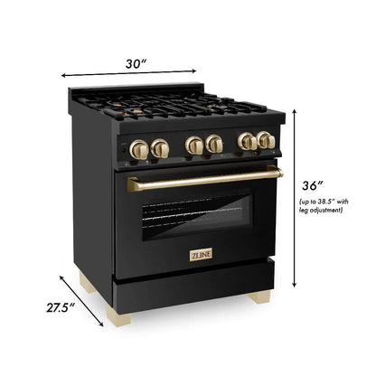 ZLINE Autograph Edition 30 in. Kitchen Package with Black Stainless Steel Dual Fuel Range, Range Hood and Dishwasher with Polished Gold Accents (3AKP-RABRHDWV30-G)