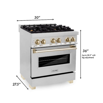 ZLINE Autograph Edition Kitchen Package in Stainless Steel with 30 in. Dual Fuel Range, 30 in. Range Hood, and 24 in. Dishwasher with Polished Gold Accents (3AKP-RARHDWM30-G)