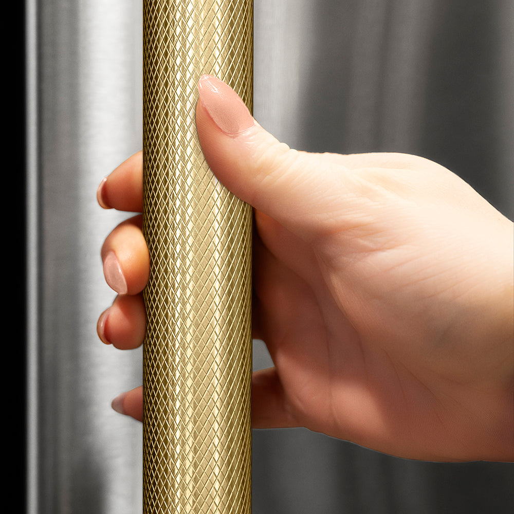 ZLINE Autograph Edition 36 in. 28.9 cu. ft. Standard-Depth French Door External Water Dispenser Refrigerator with Dual Ice Maker in Fingerprint-Resistant Stainless Steel and Champagne Bronze Helix Handles (RSMZ-W-36-KCB)