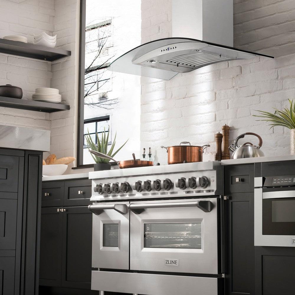 ZLINE 48 in. CrownSound™ Ducted Vent Wall Mount Range Hood in Stainless Steel and Glass with Built-in Bluetooth Speakers (KN4CRN-BT-48)