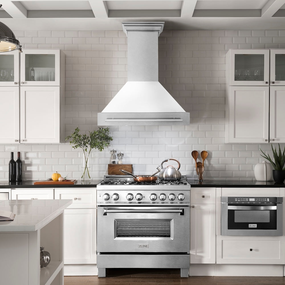ZLINE 36 in. Satin Stainless Steel Wall Mount Range Hood with White Matte Shell and Stainless Steel Handle (8654SNX-WM-36)