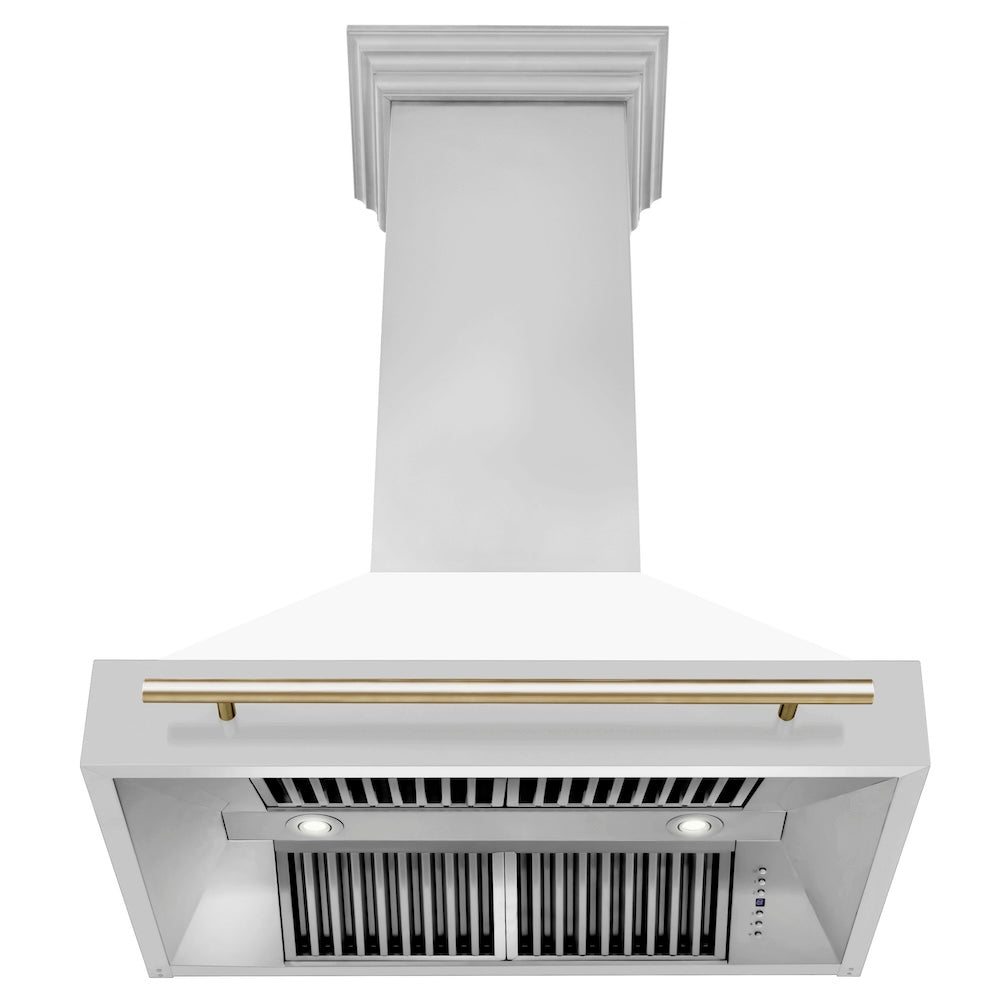 ZLINE Autograph Edition 36 in. Stainless Steel Range Hood with White Matte Shell and Polished Gold Handle (8654STZ-WM36-G)