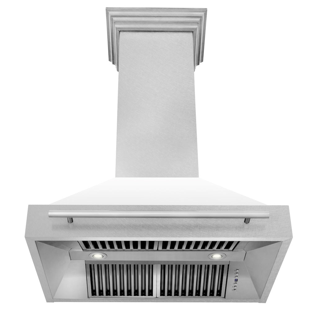 ZLINE 36 in. Satin Stainless Steel Wall Mount Range Hood with White Matte Shell and Stainless Steel Handle (8654SNX-WM-36)