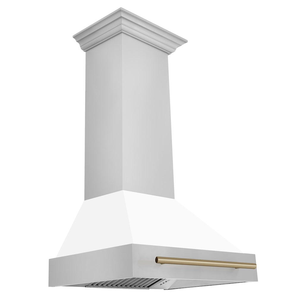ZLINE Autograph Edition 30 in. Stainless Steel Range Hood with White Matte Shell and Champagne Bronze Handle (8654STZ-WM30-CB)