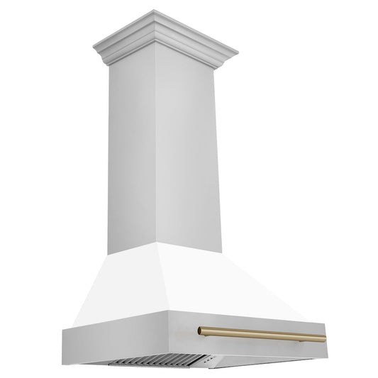 ZLINE Autograph Edition 30 in. Stainless Steel Range Hood with White Matte Shell and Champagne Bronze Handle (8654STZ-WM30-CB)