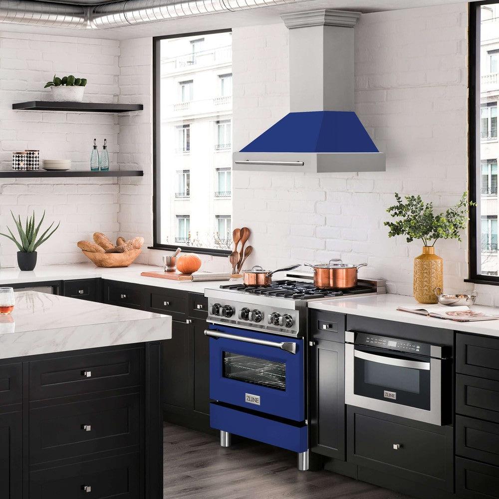 ZLINE 30 in. Stainless Steel Range Hood with Blue Gloss Shell and Stainless Steel Handle (8654STX-BG-30)