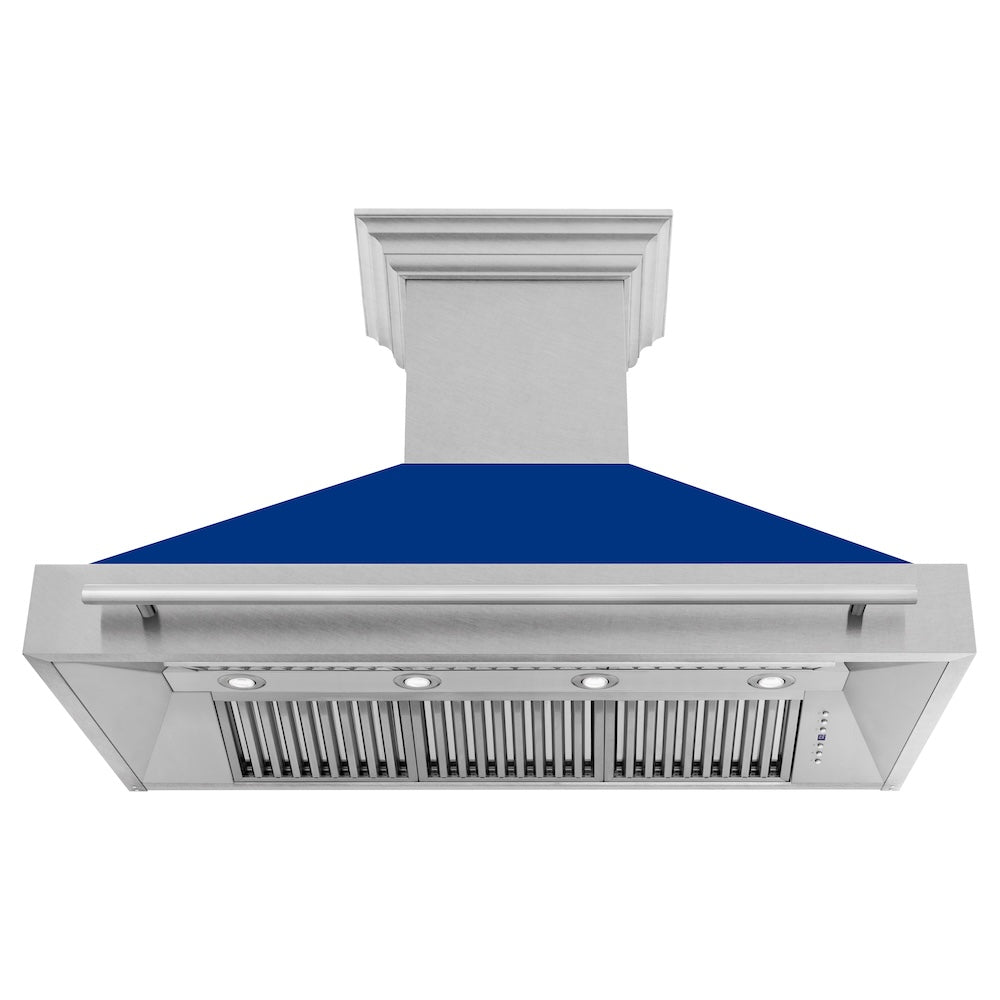ZLINE 48 in. Satin Stainless Steel Wall Mount Range Hood with Blue Gloss Shell and Stainless Steel Handle (8654SNX-BG48)
