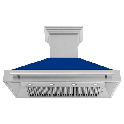 ZLINE 48 in. Satin Stainless Steel Wall Mount Range Hood with Blue Gloss Shell and Stainless Steel Handle (8654SNX-BG48)