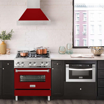 ZLINE 30 in. Stainless Steel Range Hood with Red Gloss Shell and Stainless Steel Handle (8654STX-RG-30)