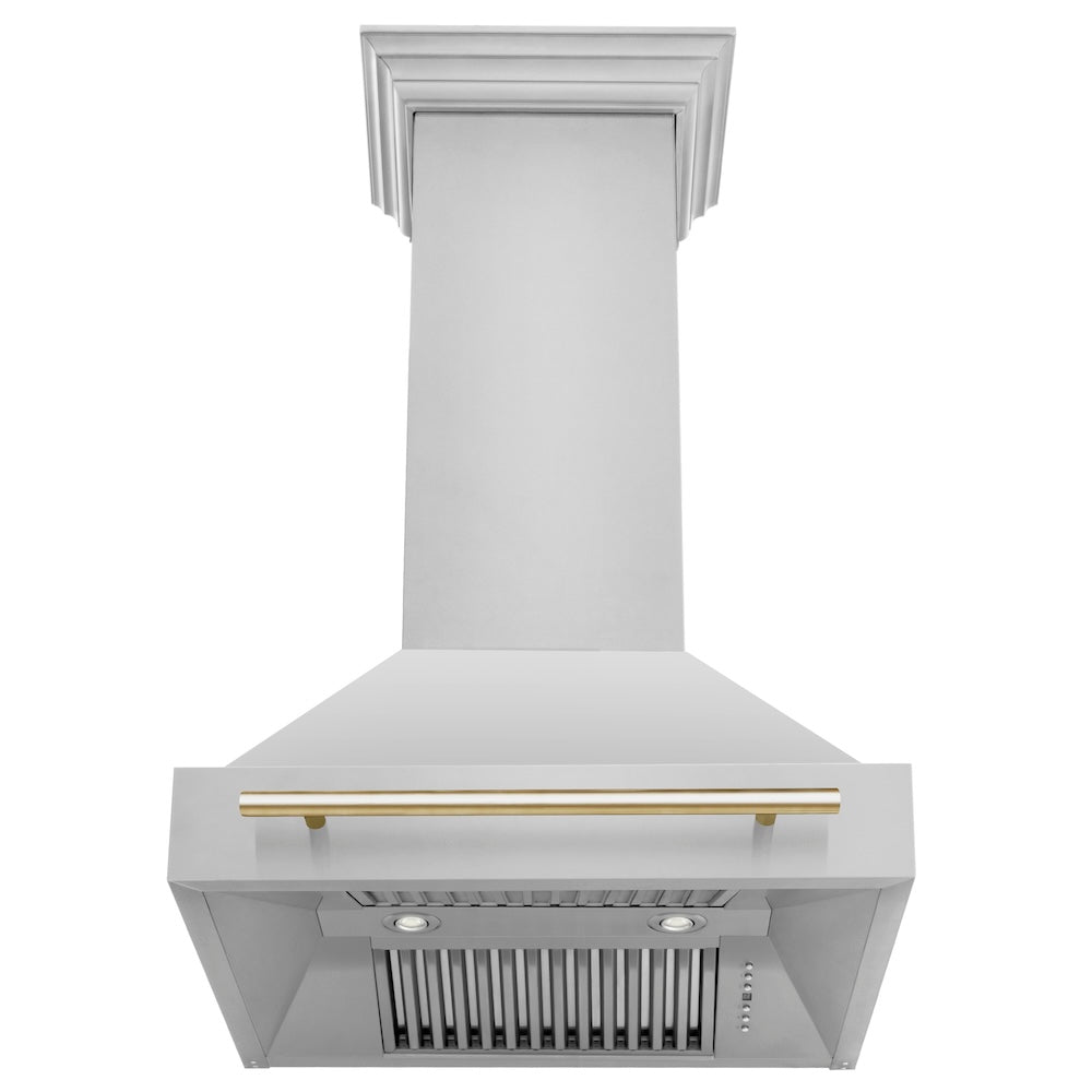 ZLINE Autograph Edition 30 in. Stainless Steel Range Hood with Stainless Steel Shell and Polished Gold Handle (8654STZ-30-G)