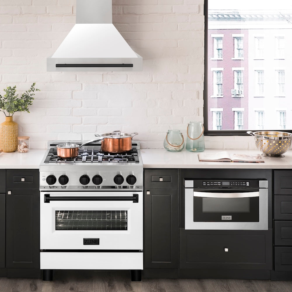 ZLINE Autograph Edition 30 in. Stainless Steel Range Hood with White Matte Shell and Matte Black Handle (8654STZ-WM30-MB)