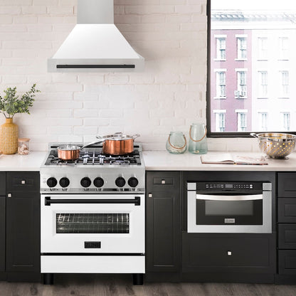 ZLINE Autograph Edition 30 in. Stainless Steel Range Hood with White Matte Shell and Matte Black Handle (8654STZ-WM30-MB)