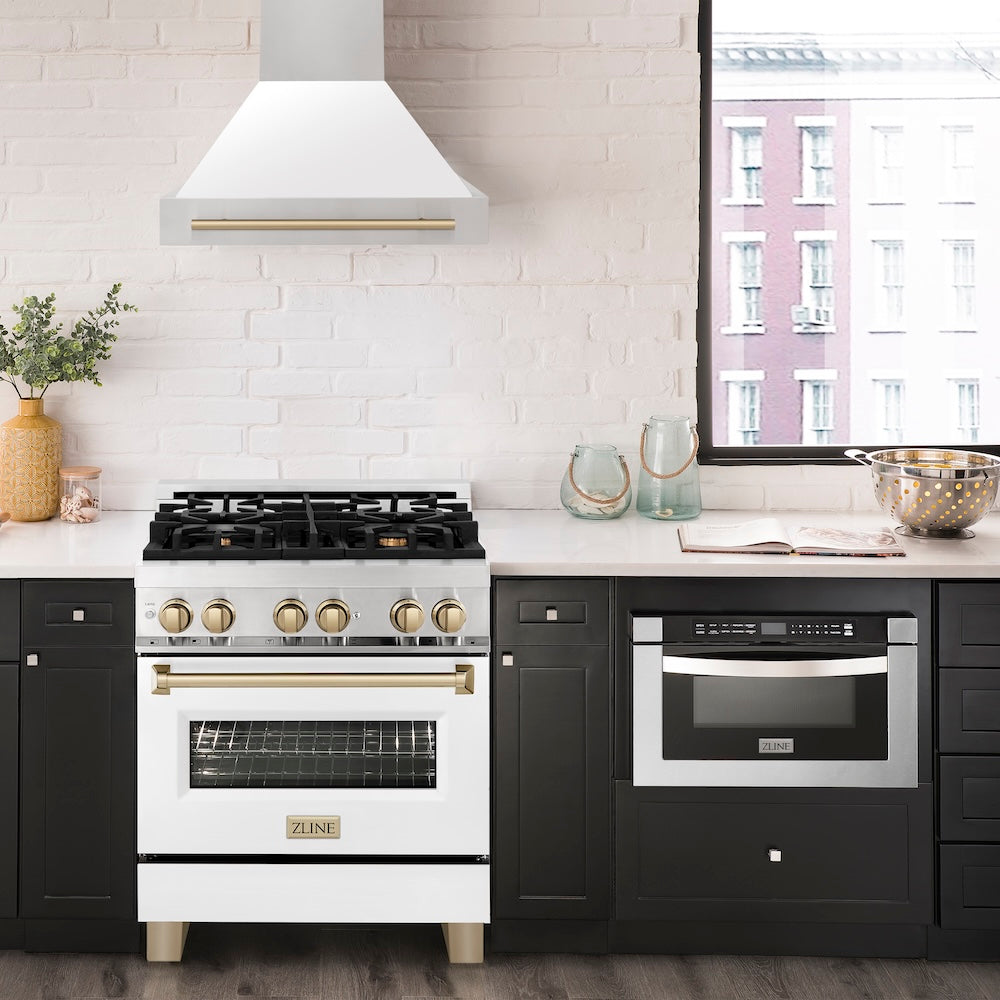 ZLINE Autograph Edition 30 in. Stainless Steel Range Hood with White Matte Shell and Champagne Bronze Handle (8654STZ-WM30-CB)