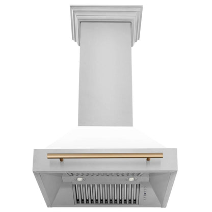 ZLINE Autograph Edition 30 in. Kitchen Package with Stainless Steel Dual Fuel Range with White Matte Door, Range Hood and Dishwasher with Champagne Bronze Accents (3AKP-RAWMRHDWM30-CB)