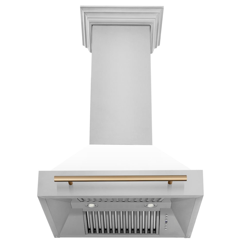 ZLINE Autograph Edition 30 in. Stainless Steel Range Hood with White Matte Shell and Champagne Bronze Handle (8654STZ-WM30-CB)