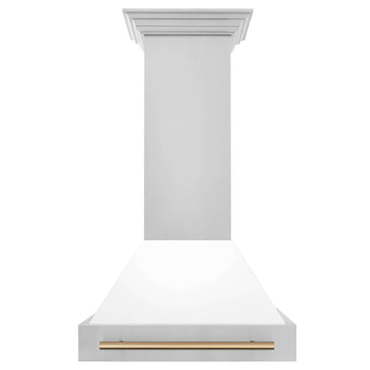 ZLINE Autograph Edition 30 in. Kitchen Package with Stainless Steel Dual Fuel Range with White Matte Door and Range Hood with Champagne Bronze Accents (2AKP-RAWMRH30-CB)