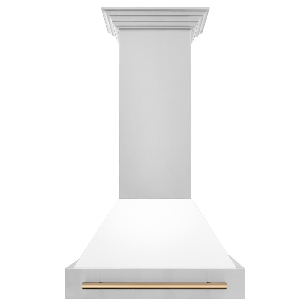 ZLINE Autograph Edition 30 in. Stainless Steel Range Hood with White Matte Shell and Champagne Bronze Handle (8654STZ-WM30-CB)