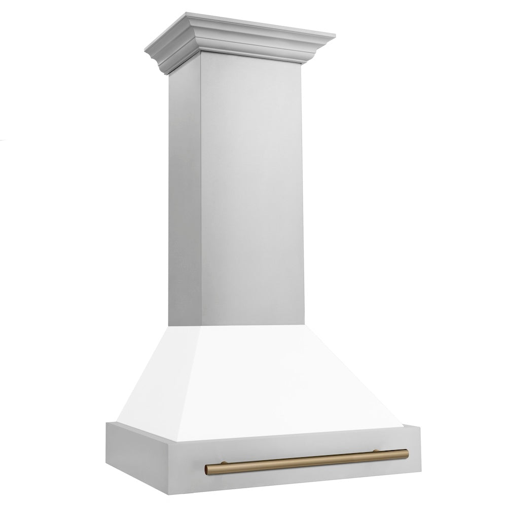 ZLINE Autograph Edition 30 in. Stainless Steel Range Hood with White Matte Shell and Champagne Bronze Handle (8654STZ-WM30-CB)