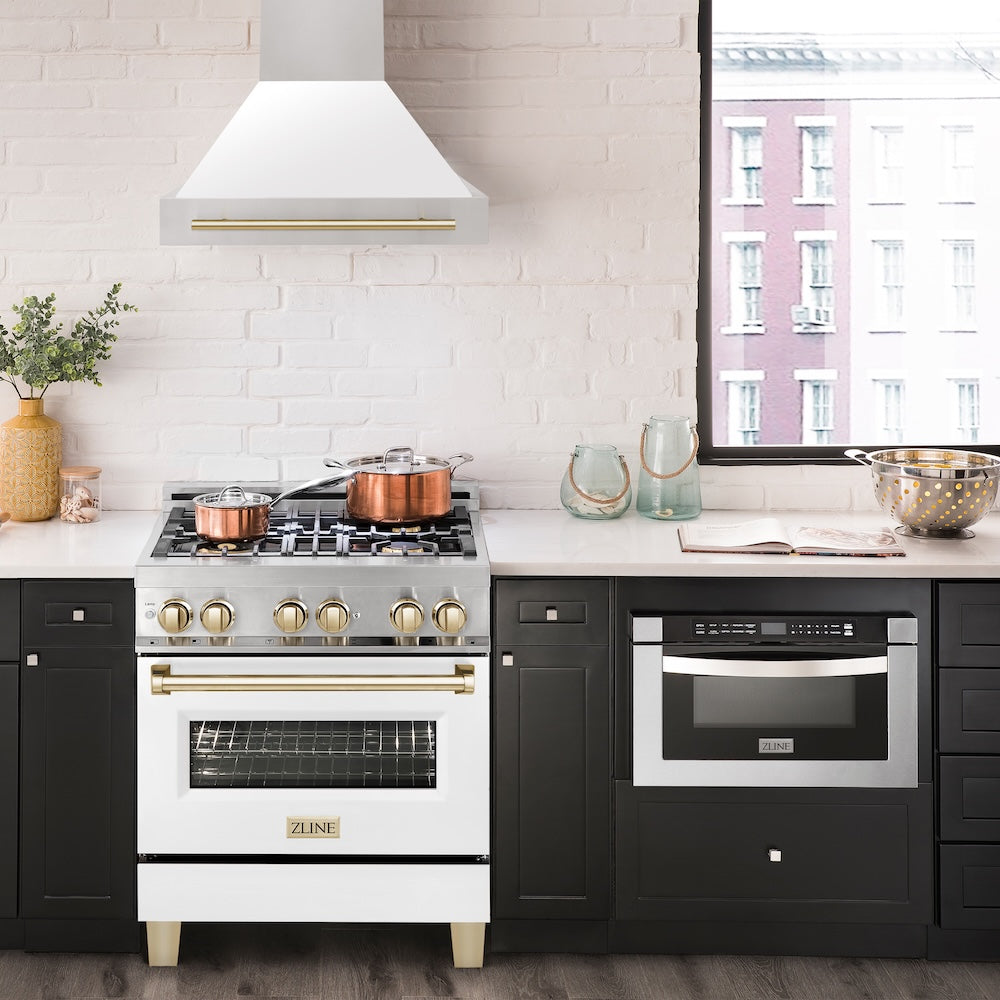 ZLINE Autograph Edition 30 in. Stainless Steel Range Hood with White Matte Shell and Polished Gold Handle (8654STZ-WM30-G)