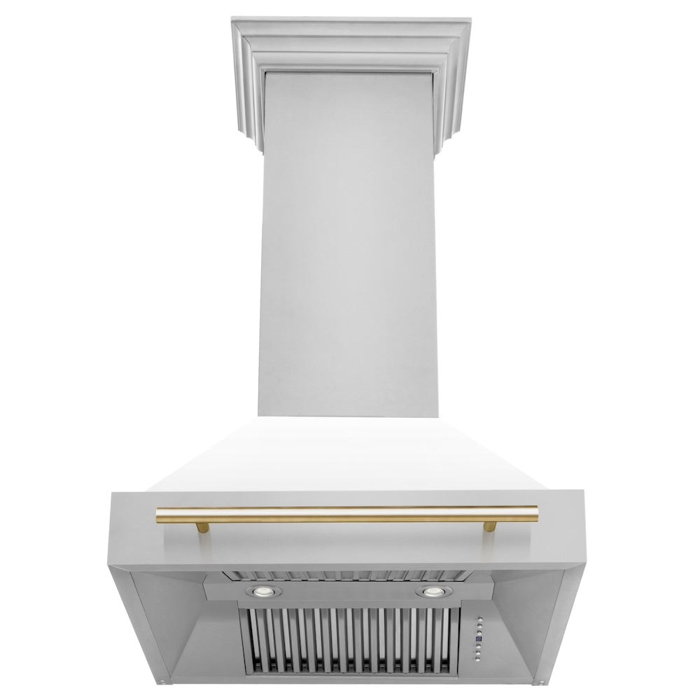 ZLINE Autograph Edition 30 in. Stainless Steel Range Hood with White Matte Shell and Polished Gold Handle (8654STZ-WM30-G)