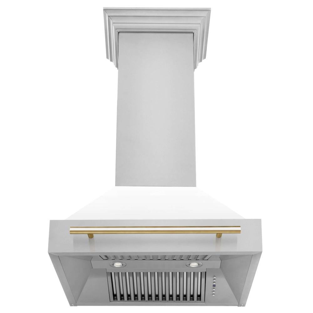 ZLINE Autograph Edition 30 in. Kitchen Package with Stainless Steel Dual Fuel Range with White Matte Door and Range Hood with Polished Gold Accents (2AKP-RAWMRH30-G)